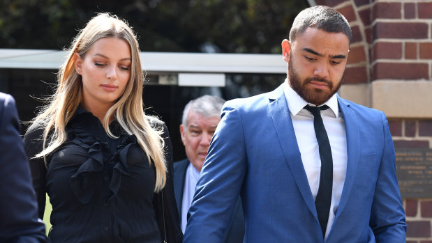 Dylan Walker and Alexandra Ivkovic leave Manly Local Court hand in hand in December.