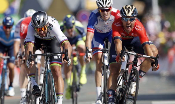 In front: Peter Sagan (left) takes the second stage sprint finish ahead of Sonny Colbrelli.