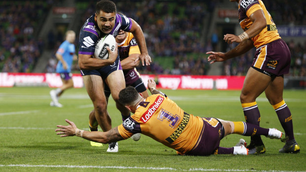 Jahrome Hughes heads for the try line to score the NRL season-opening try at AMMI Park on Thursday night in Storm's round one game against Brisbane.