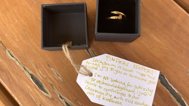 The ring that someone left on a Sydney beach in a random act of kindness.