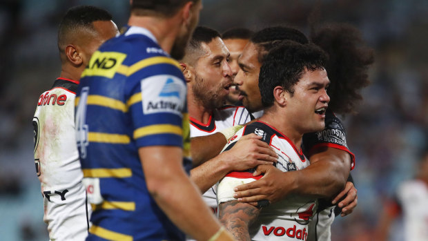 Cop that: Issac Luke reacts after scoring the decisive try for the Warriors against the Eels.