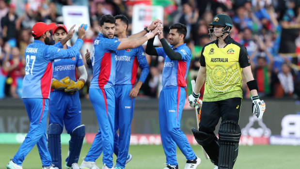 Afghanistan players celebrate the wicket of Steve Smith in last year’s T20 World Cup. 