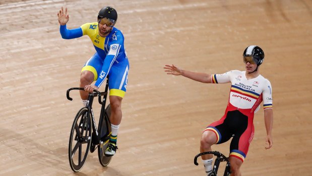 Nathan Hart, left, beat James Brister in the final of the men's sprint at the national track cycling championships in Brisbane on Thursday. 