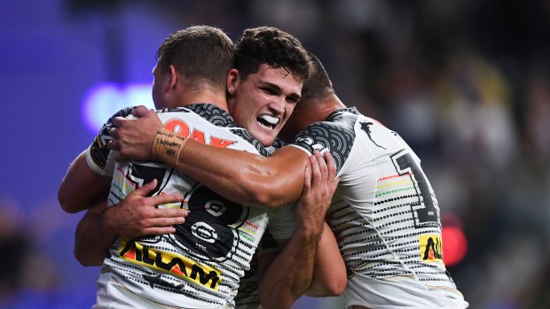 Taking charge: Nathan Cleary scores the match-winning try for the Panthers.