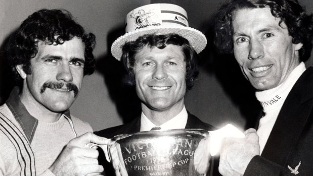 All-time greats: Hawthorns vice-captain Leigh Matthews (left), coach David Parkin (centre) and captain Don Scott (right) after winning the 1978 VFL premiership 