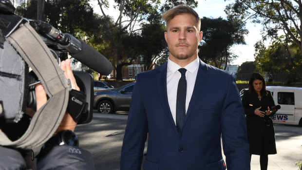 St George Illawarra Dragons player Jack de Belin arrives at Wollongong Local Court on Wednesday.