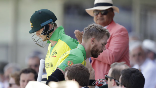 Wounds healing: David Warner passes Steve Smith after being dismissed against New Zealand.