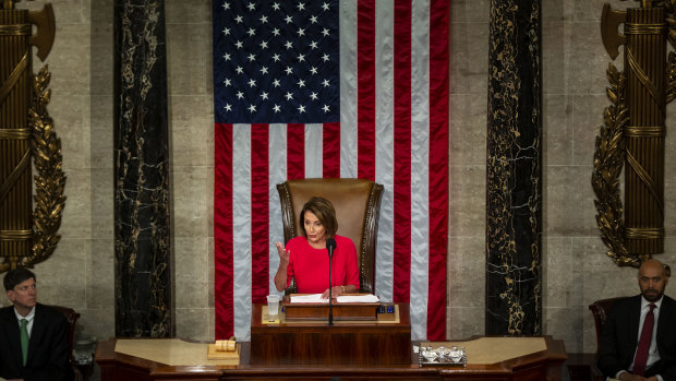 US House Speaker Nancy Pelosi, a Democrat from California, speaks during the opening of Congress. 
