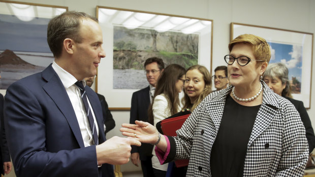 UK Foreign Secretary Dominic Raab with Foreign Minister Marise Payne at Parliament House on Thursday. 