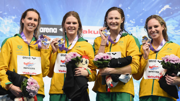 Pan Pac gold medallists Emma McKeon, Shayna Jack, Cate Campbell and Emily Seebohm in Tokyo in August.