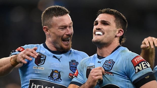 Nathan Cleary celebrates his try. 