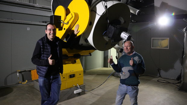 NASA scientist Karsten Schindler with UWA Associate Professor David Coward at the Zadko telescope in Gingin ahead of the planned observation of Titan's atmosphere on Wednesday.