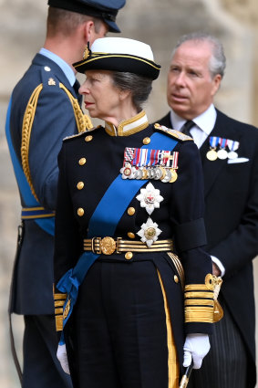 Princess Anne in Royal Navy ceremonial uniform at the funeral of the Queen.