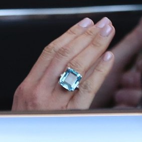 A close up of the ring - and the perfect manicure - worn by the newly married Duchess of Sussex, Meghan Markle.