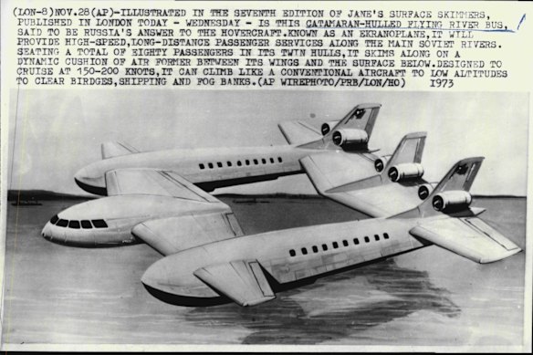 The ekranoplan, as illustrated in 1973, was desribed as a flying river bus that was said to be Russia’s answer to the Hovercraft.