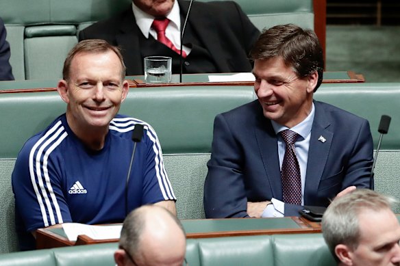 Former prime minister Tony Abbott and Angus Taylor in 2018 when Taylor was energy minister.