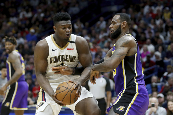 Zion Williamson and LeBron James compete in the Pelicans' clash with the Lakers.