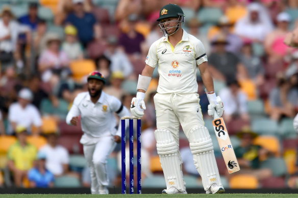 David Warner reacts after being dismissed for a golden duck.