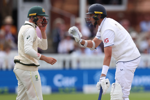 Stuart Broad (right) jokes with Marnus Labuschagne in the aftermath of the Jonny Bairstow stumping.