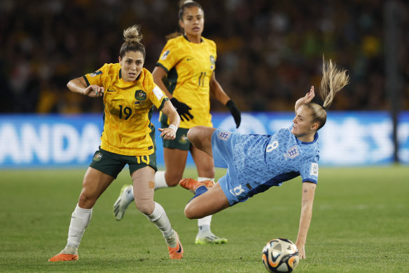 Australia’s Katrina Gorry in action with England’s Georgia Stanway in Wednesday’s semi-final.