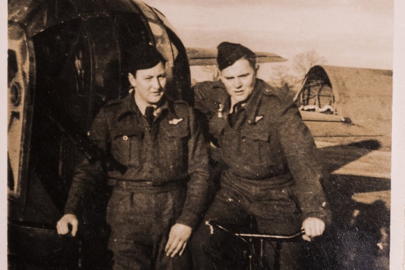 Air force veteran Max Barry (right) with fellow crew member, bomb aimer Tony Matthews, at Church Broughton, west of Derby, in England.