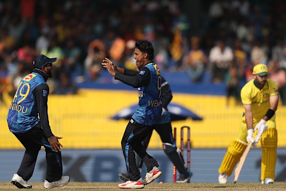 Wanindu Hasaranga of Sri Lanka celebrates a wicket against Australia in a one day international last February.