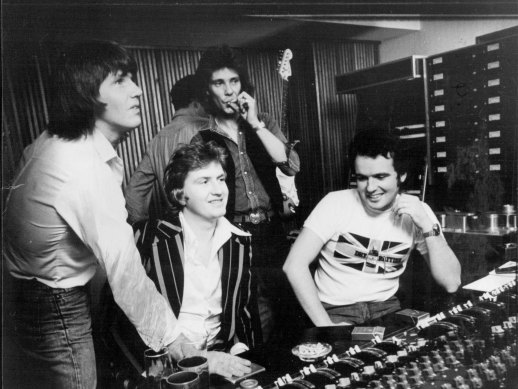 Roger Davies, second from left, with his first big signing, Aussie supergroup Sherbet in 1976.
