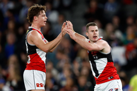 St Kilda’s Mattaes Phillipou (left) and Jack Higgins.