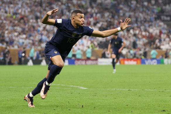 Kylian Mbappe celebrates scoring France’s second goal.