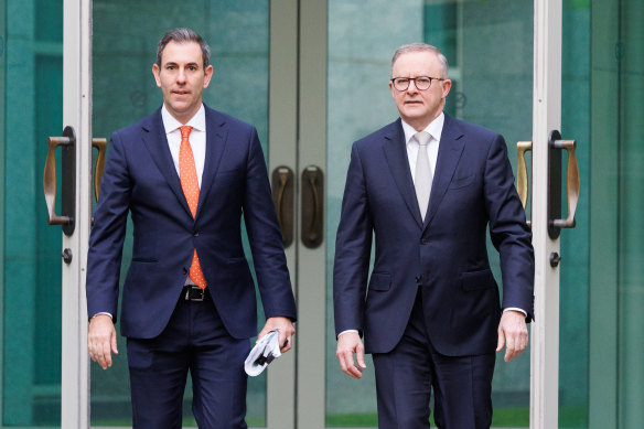 Treasurer Dr Jim Chalmers and Prime Minister Anthony Albanese arrive for television interviews at Parliament House in Canberra on Wednesday 26 October 2022. 