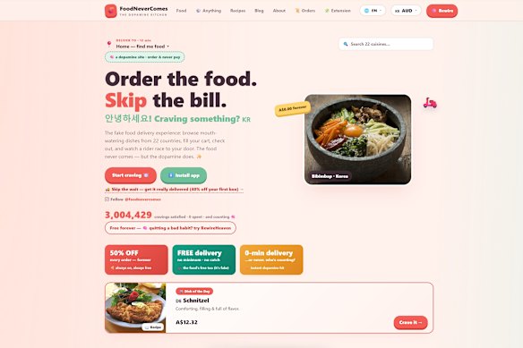 One of a growing number of “dopamine shopping” websites, “FoodNeverComes”.