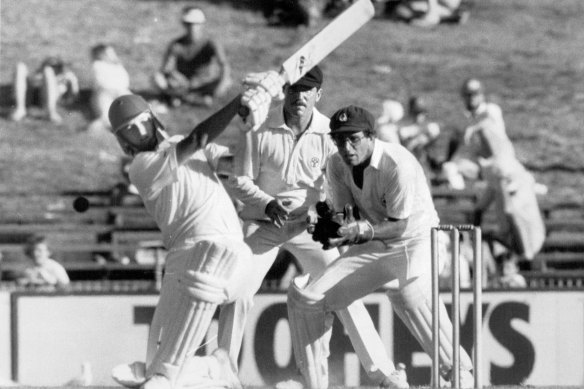 A 19-year-old Steve Waugh hits out in the Shield final against Queensland. He made 71 in the first innings. 