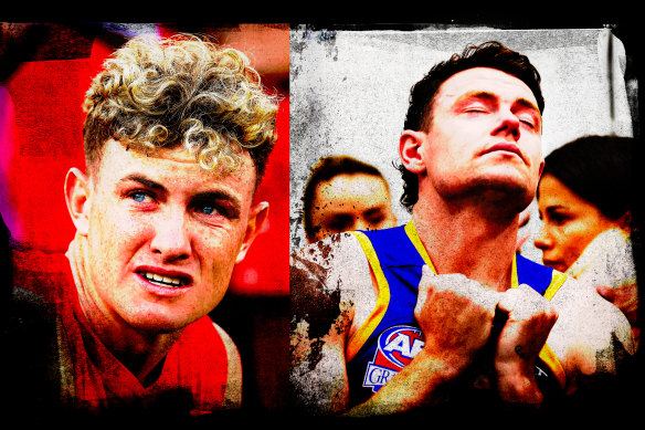 The pain of losing a grand final: Sydney’s Chad Warner in 2022 and the Brisbane Lions’ Lachie Neale in 2023.