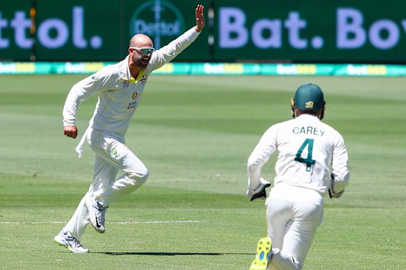 Nathan Lyon after taking Ollie Pope’s wicket.