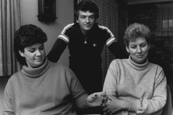 "I appealed to the Repatriation Tribunal after my husband died, and I have documents officially acknowledging his cancer was caused by exposure to herbicides in Vietnam. How do they explain that? And Justice Evatt comes out saying it is time for rejoicing," said Mrs Lorraine Simpson (right) with her neighbours Robert and Lynette Pitt, August 22, 1985.