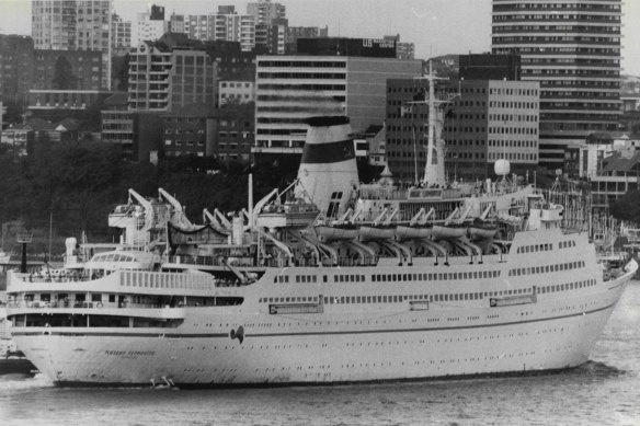 The Soviet cruise ship Mikhail Lermontov on it last voyage out of Sydney harbour before sinking off New Zealand waters, February 1986. 