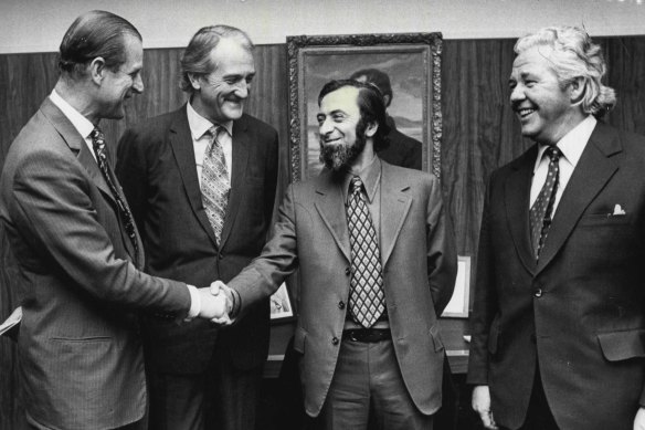 Moss Cass, in his role as minister for the environment and conservation, meets Prince Philip in 1973, in the company of fellow Labor ministers Tom Uren and Bill Morrison.