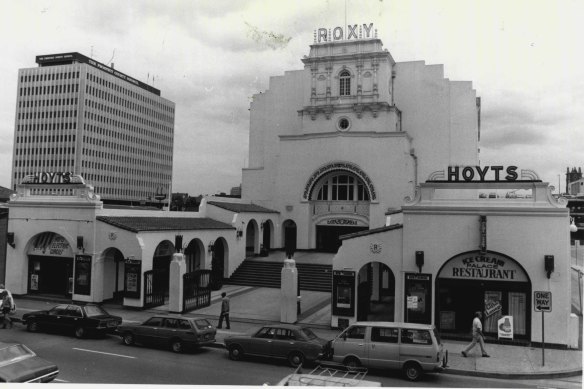 The Roxy Theatre in 1981. The Spanish Mission style building opened in 1930 as a cinema.