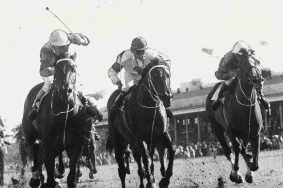 Mick Sullivan uses a vigorous whip to urge home Party’s Pride at Randwick on September 10, 1977
