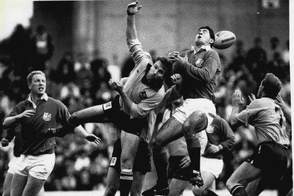 Greg Martin contests a high ball in the Wallabies’ victory over the Lions at the Sydney Football Stadium in 1989.