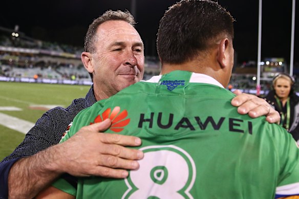 Ricky Stuart and Josh Papalii embrace after qualifying for the 2019 grand final.
