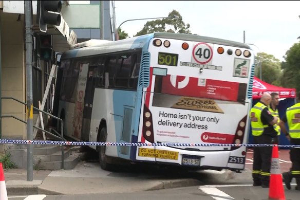 The bus and sedan collided at about 8am on Saturday near the intersection of Argyle and O’Connell streets in Parramatta.