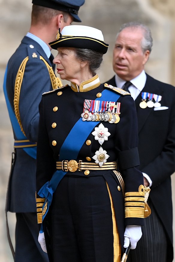 Princess Anne in Royal Navy ceremonial uniform at the funeral of the Queen.