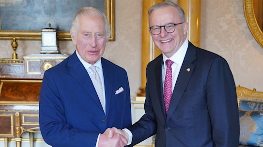 King Charles with Prime Minister Anthony Albanese at Buckingham Palace on Tuesday, local time.