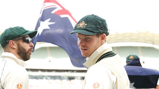 ADELAIDE, AUSTRALIA - NOVEMBER 30: Steve Smith of Australia speaks to a young boy as the Australian team prepare to take the field during day two of the 2nd Domain Test between Australia and Pakistan at the Adelaide Oval on November 30, 2019 in Adelaide, Australia. (Photo by Mark Kolbe/Getty Images)