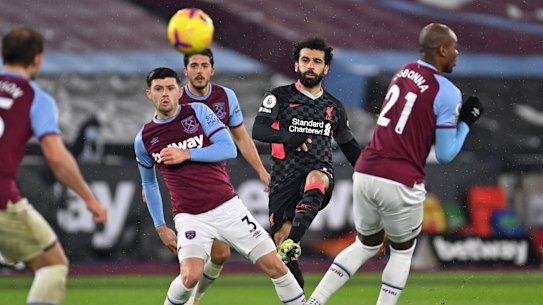 Mohamed Salah scores his first goal against West Ham.