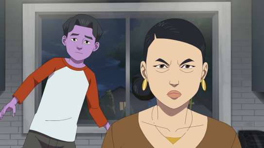 Oliver Grayson, voiced by Christian Convery, and Debbie Grayson, voiced by Sandra Oh, in Invincible. 