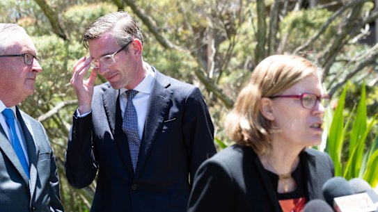 NSW Health Minister Brad Hazzard, Premier Dominic Perrottet and NSW Chief Health Officer Kerry Chant at a media  conference on Wednesday. 