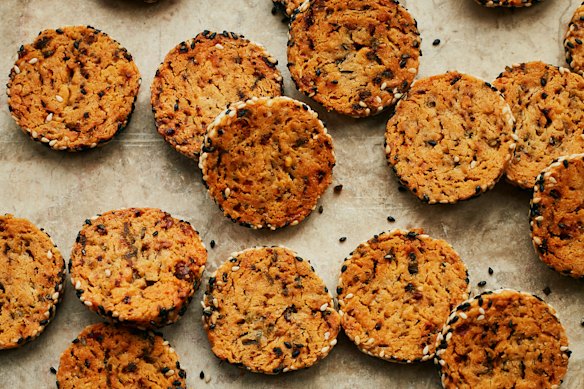 Lao Gan Ma (Old Godmother’s) chilli crisp adds kick to these cheese biscuits.