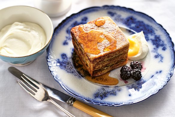 Layered pistachio French toast with whipped ricotta and lemon curd is an incentive to rise and shine.